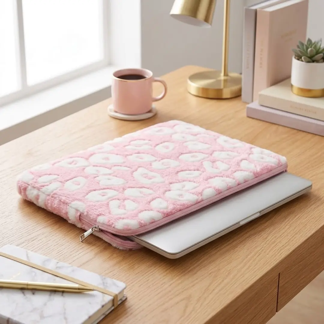 NUVEX Roze Pluche Laptophoes 14 inch - Hartjespatroon
