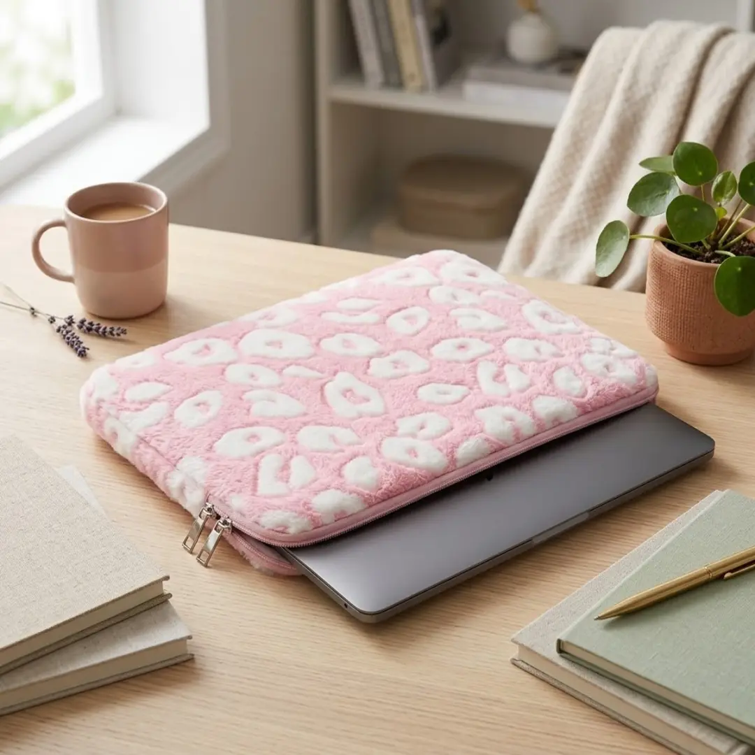 NUVEX Roze Pluche Laptophoes 14 inch - Hartjespatroon