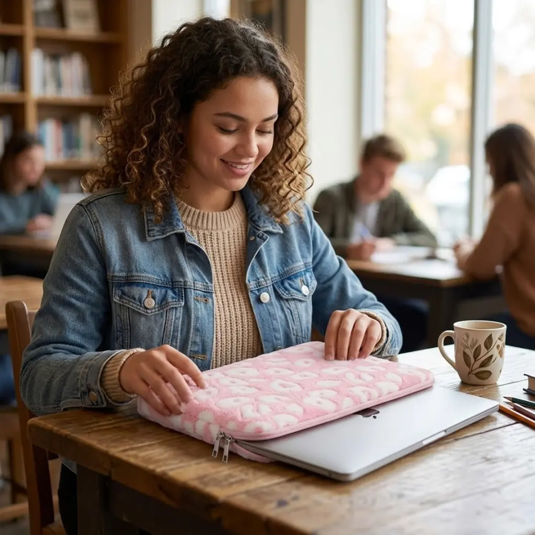 NUVEX Roze Pluche Laptophoes 14 inch - Hartjespatroon