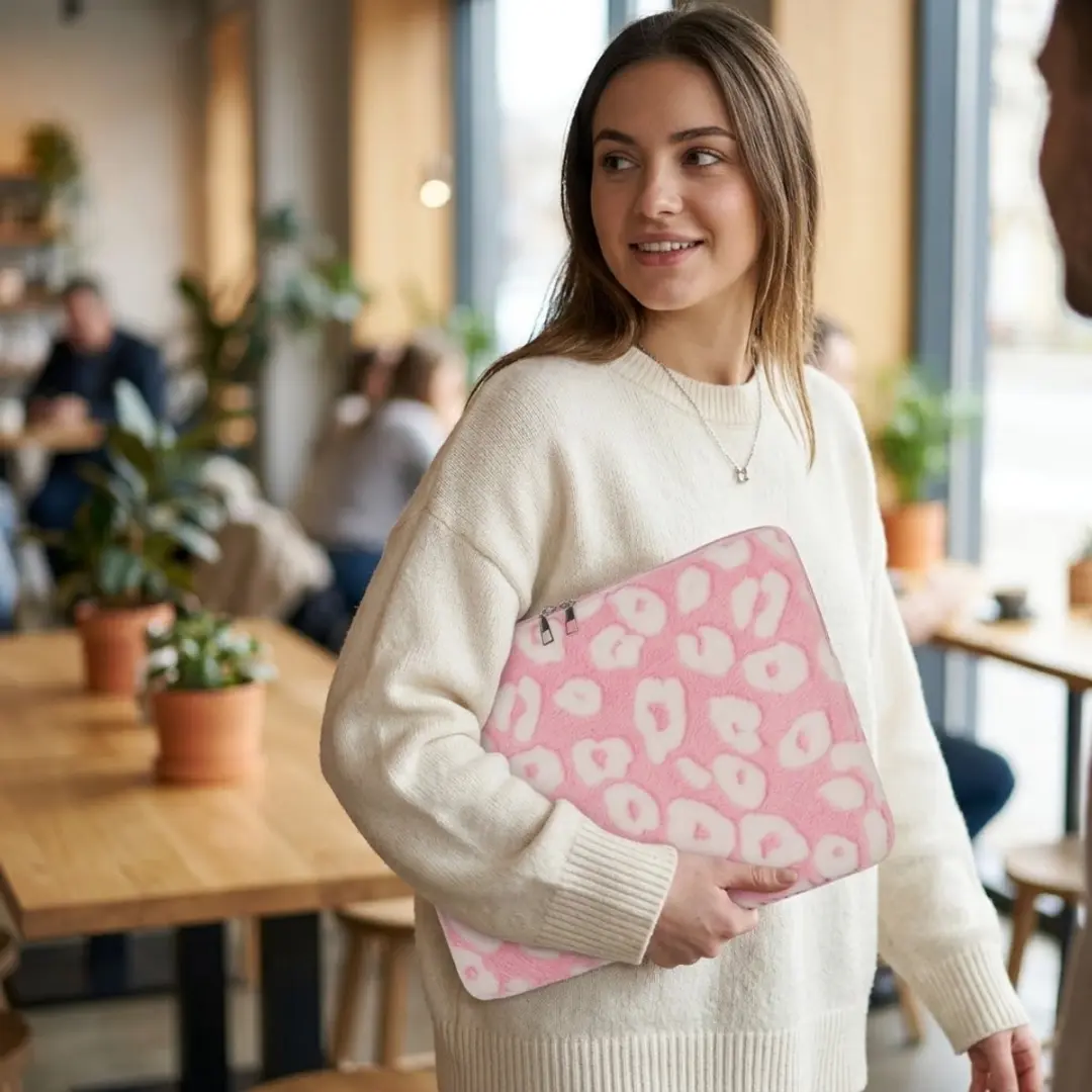 NUVEX Roze Pluche Laptophoes 14 inch - Hartjespatroon