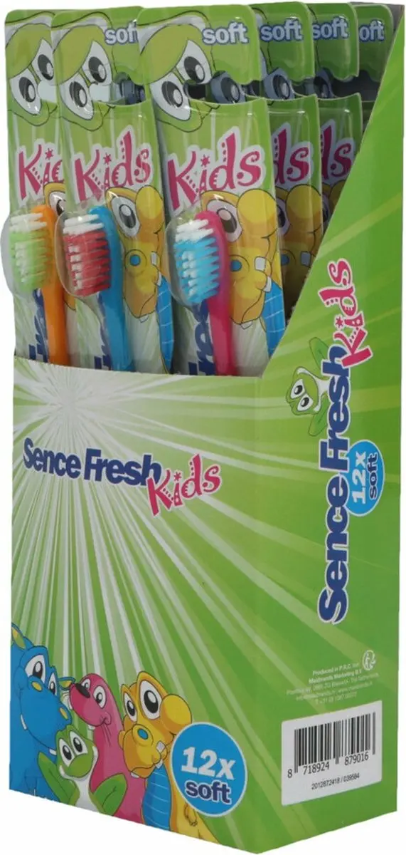 Sence Fresh Kids Tandenborstels - 144 Stuks (12x12) - Groen/Geel/Oranje/Roze/Blauw