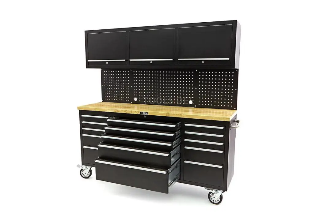 HBM Werkbank 182cm Zwart - 15 Laden, 3 Hangkasten, Verrijdbaar