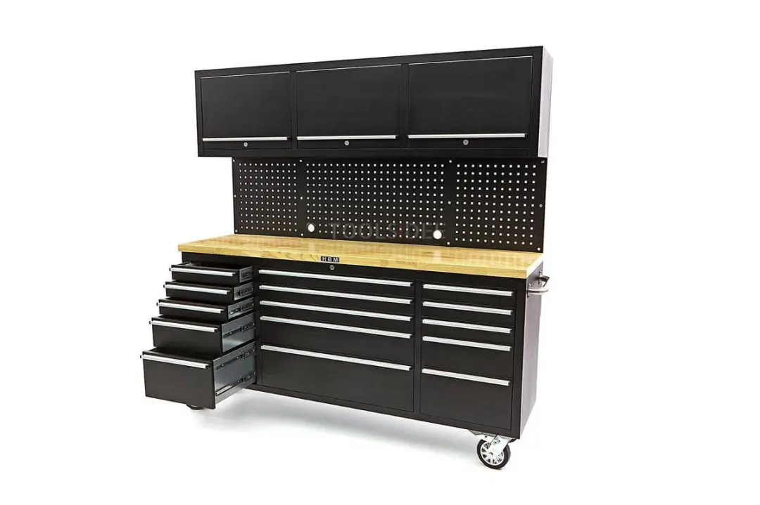 HBM Werkbank 182cm Zwart - 15 Laden, 3 Hangkasten, Verrijdbaar