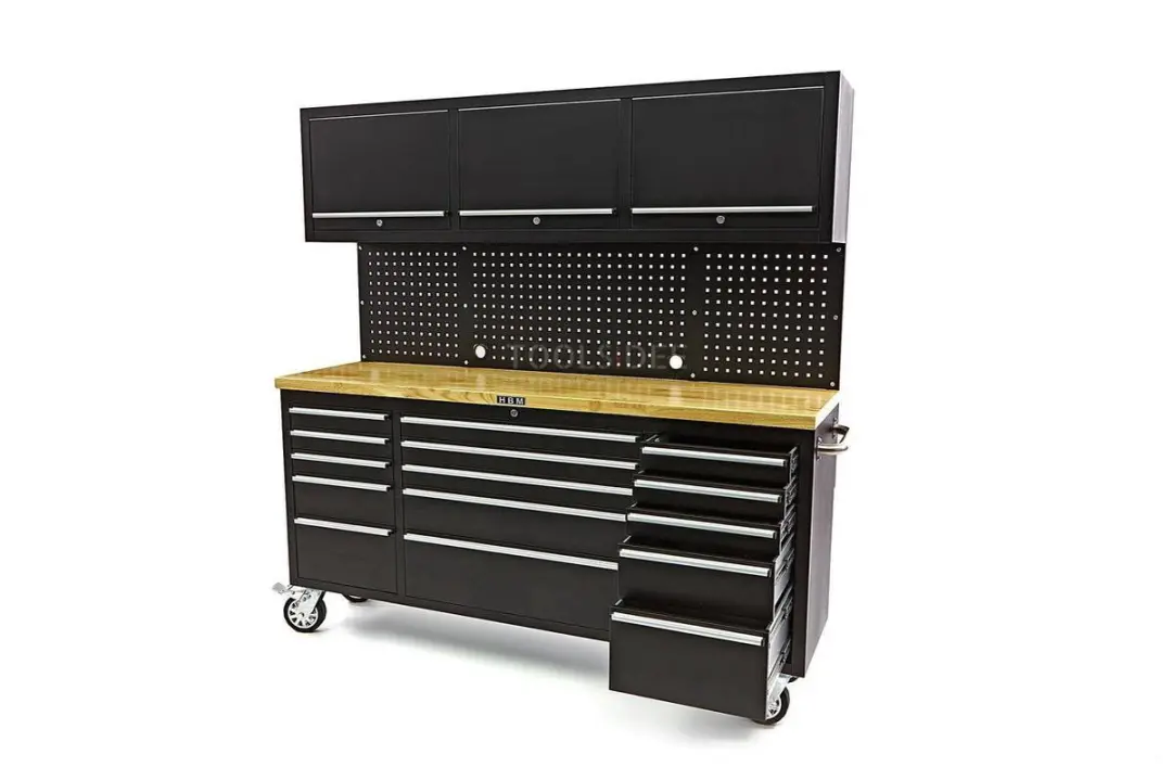 HBM Werkbank 182cm Zwart - 15 Laden, 3 Hangkasten, Verrijdbaar