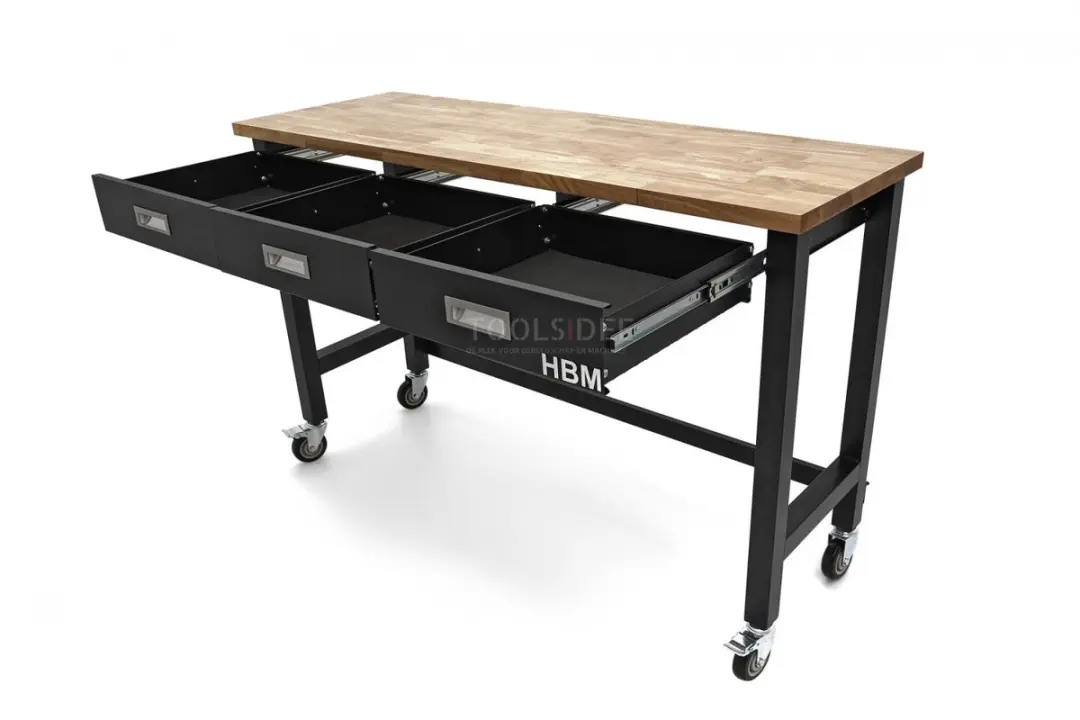 HBM Verrijdbare Werkbank 152cm - 3 Lades - Massief Hout - Zwart - afbeelding 5 van 6