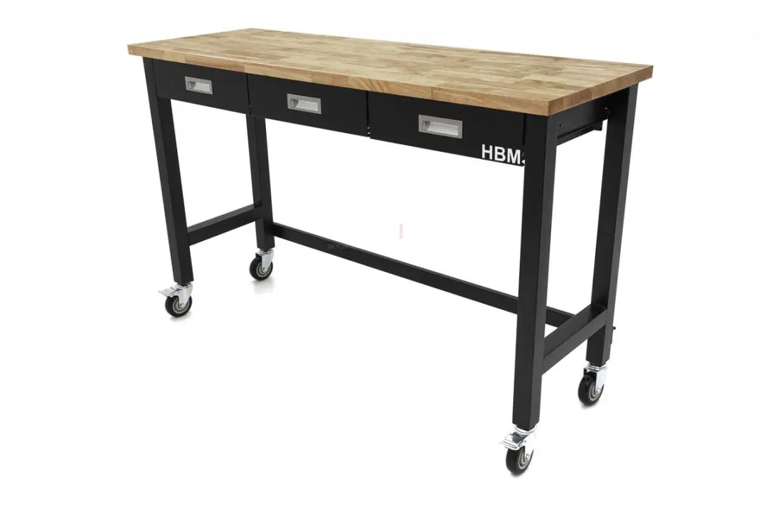HBM Verrijdbare Werkbank 152cm - 3 Lades - Massief Hout - Zwart - afbeelding 2 van 6