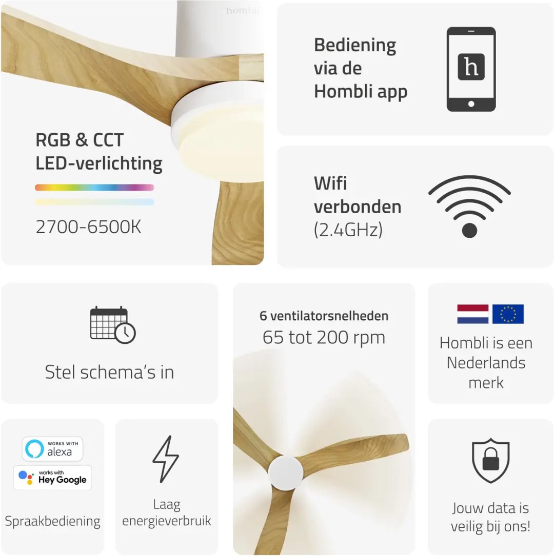 Hombli Slimme Plafondventilator Ø132cm - Wit & Licht Hout
