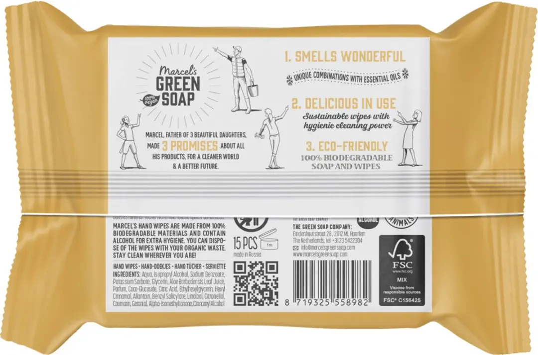 Marcel's Green Soap Hand Wipes Vanilla & Cherry Blossom - 15 Stuks