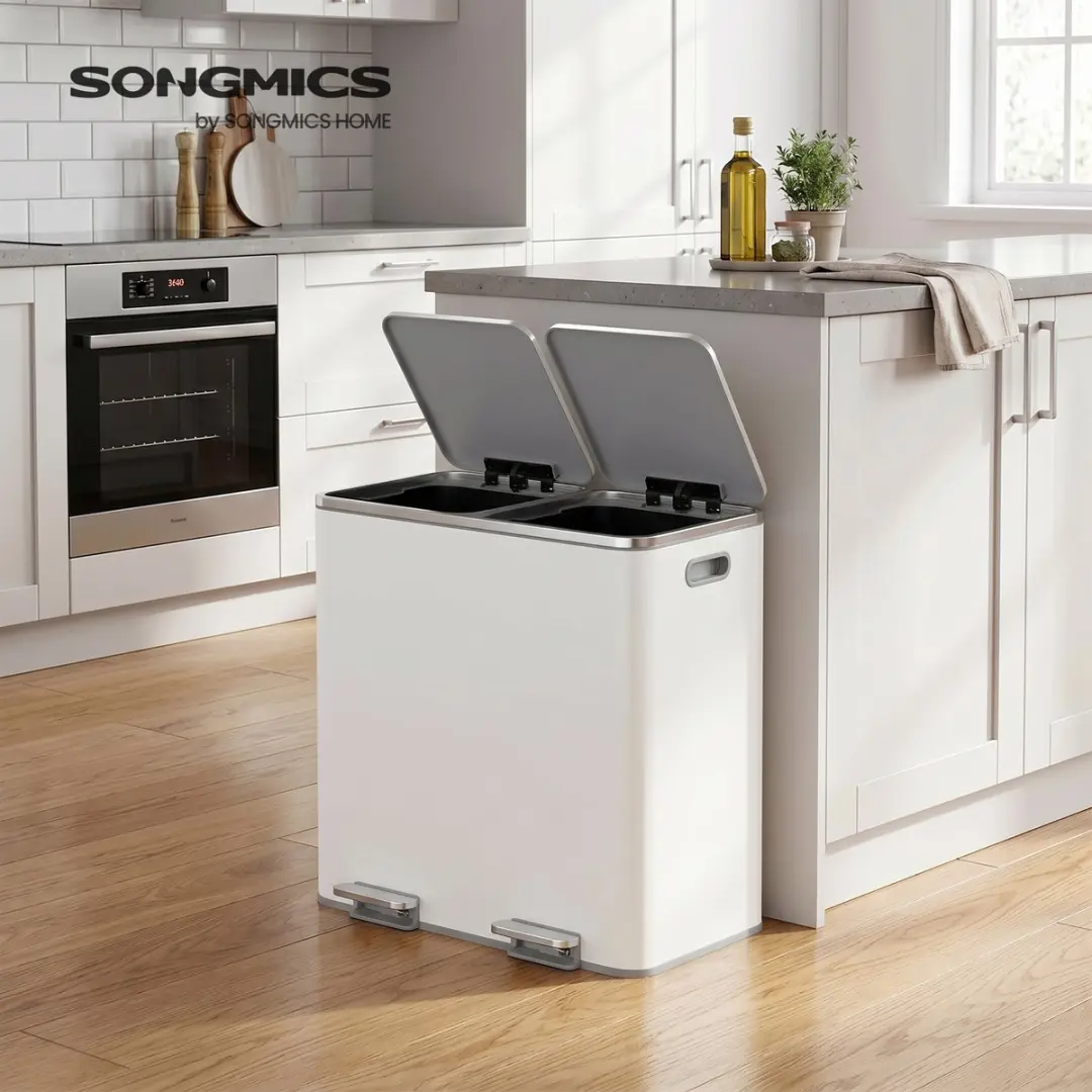 Songmics Pedaalemmer 80L - 2 Vakken - Soft-Close - Wit-Grijs