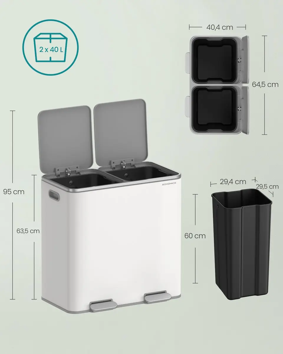 Songmics Pedaalemmer 80L - 2 Vakken - Soft-Close - Wit-Grijs