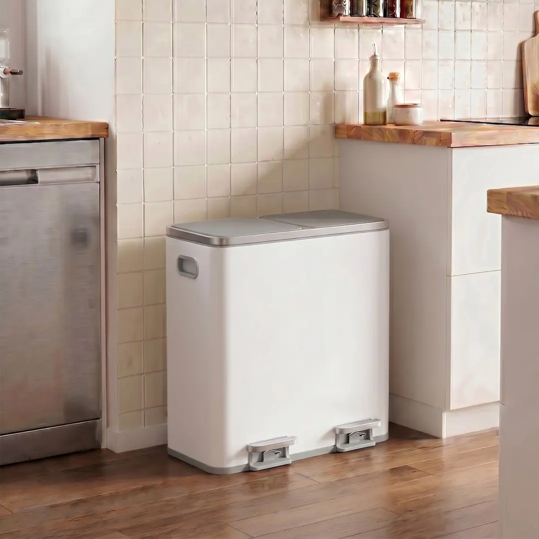Songmics Pedaalemmer 80L - 2 Vakken - Soft-Close - Wit-Grijs