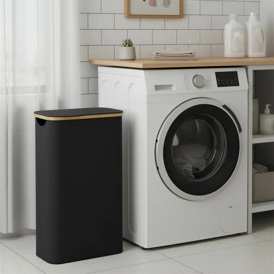 Songmics LCB506B01 Wasmand met deksel 65L - 4 vakken - Opvouwbaar