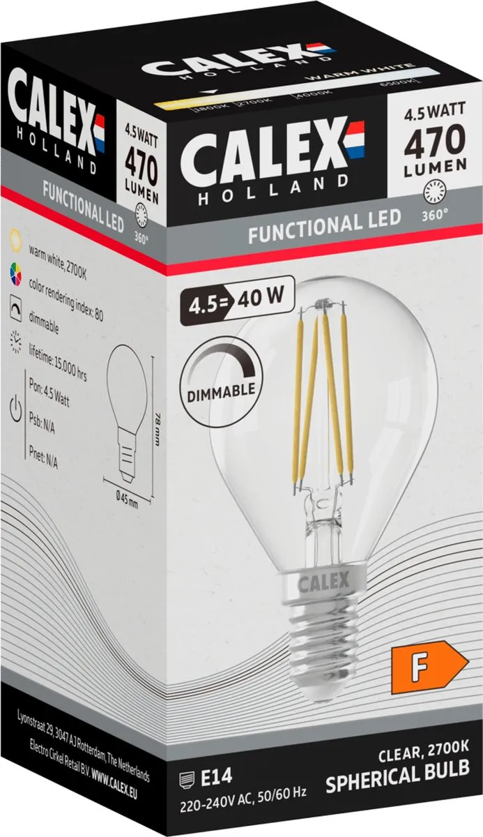 Calex LED Filament Kogellamp P45 4.5W 470lm E14 - Helder
