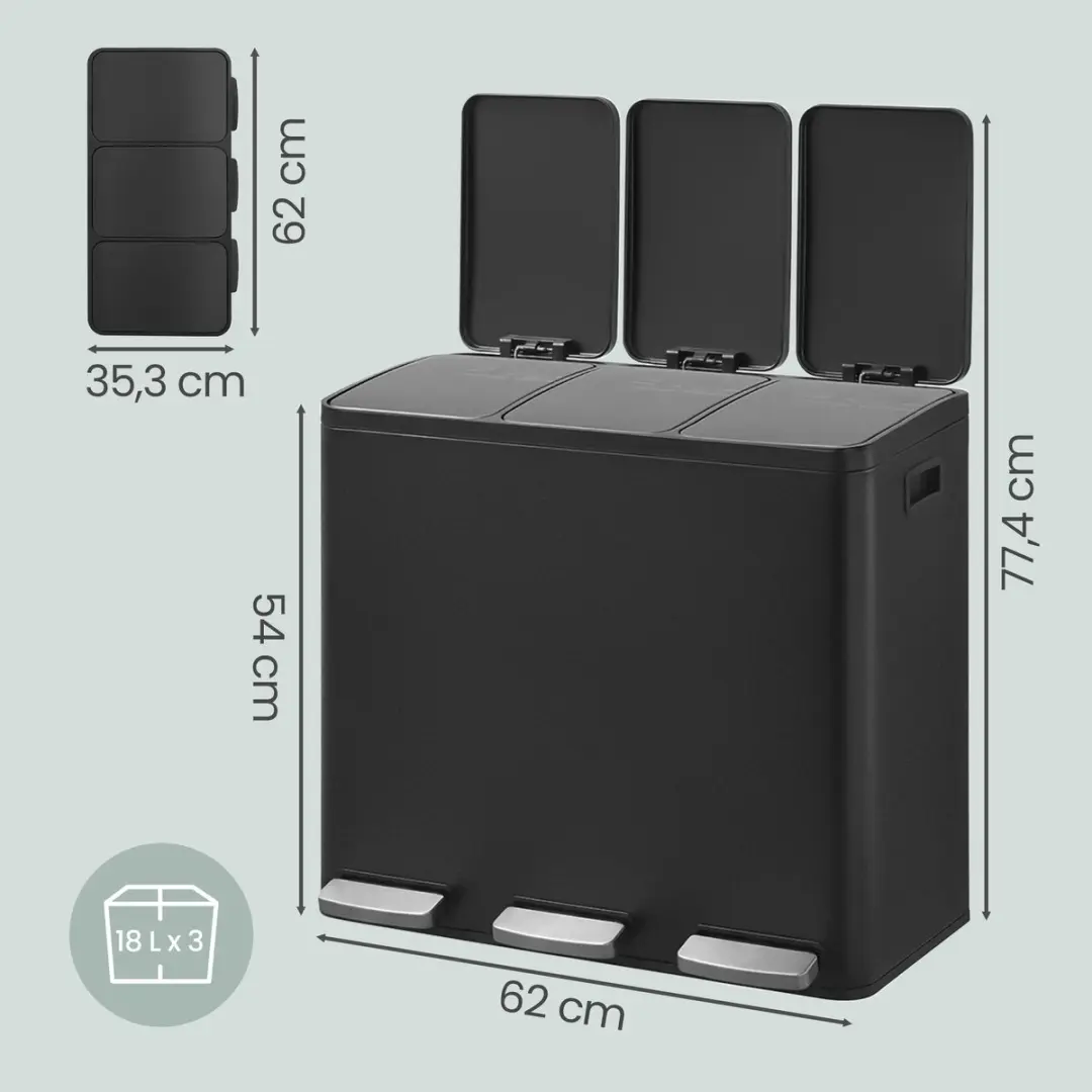 Songmics Pedaalemmer 54L - 3 Vakken - Zwart