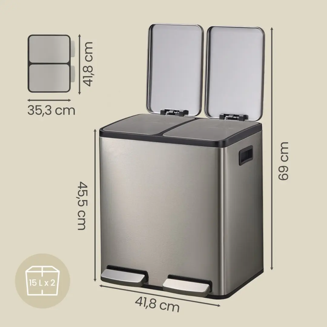 Songmics Pedaalemmer 30L - 2 Vakken - Zilver