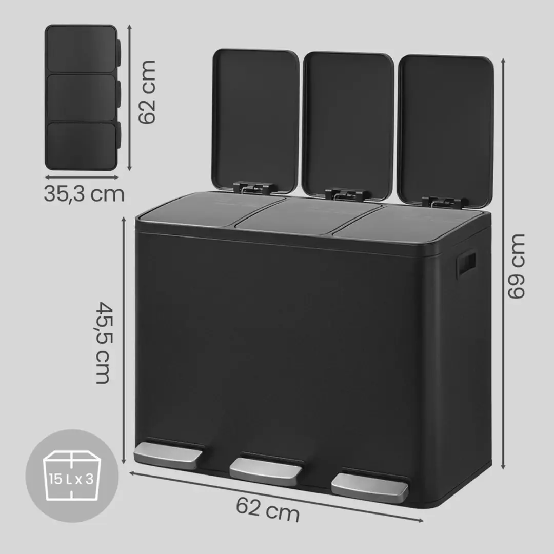 Songmics Pedaalemmer 45L - 3 Vakken - Zwart