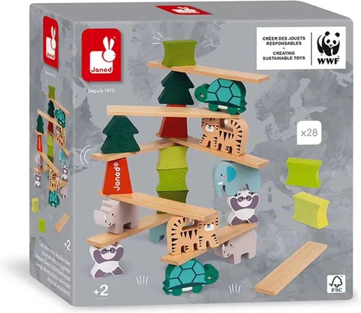 Janod WWF Stapelspel Bomen & Dieren 28-delig - 2-In-1 Evenwichtsspel