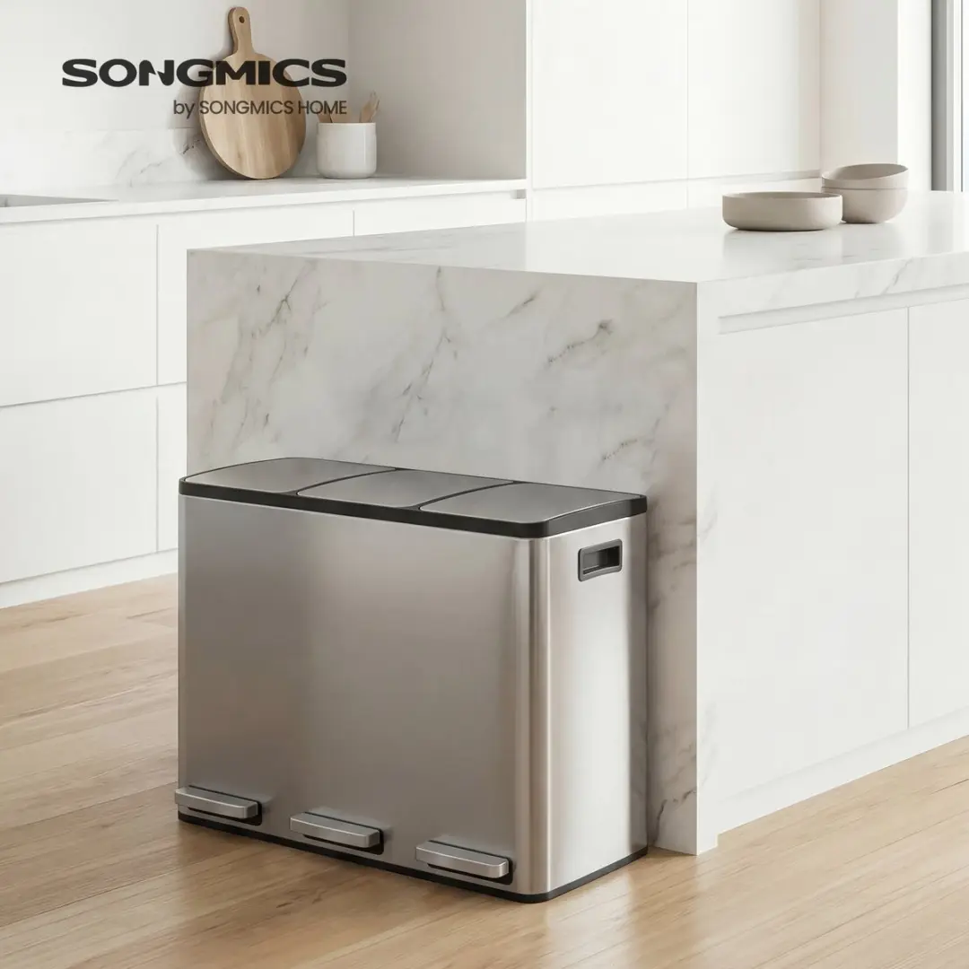 Songmics Pedaalemmer 45L - 3 Vakken - Zilver