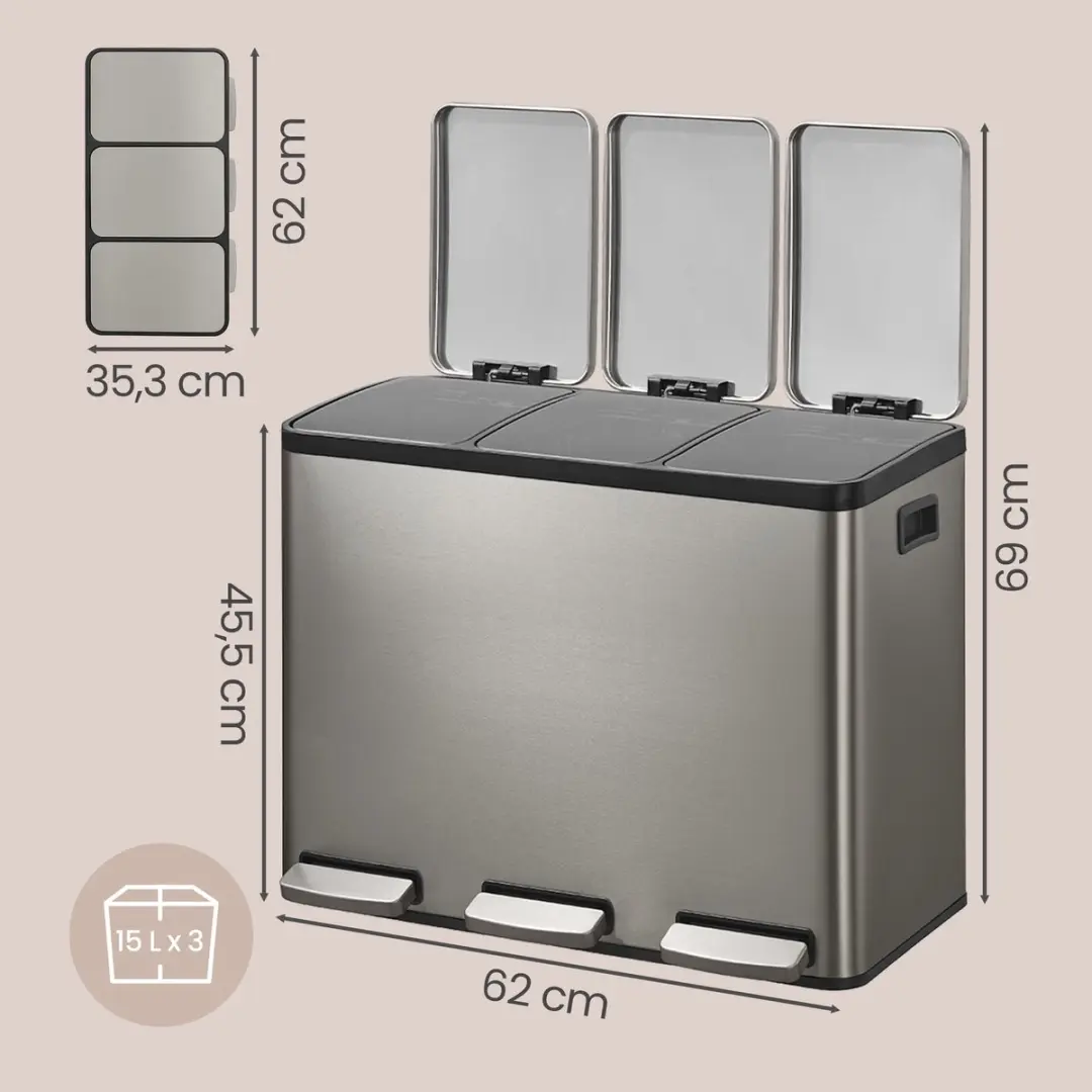 Songmics Pedaalemmer 45L - 3 Vakken - Zilver