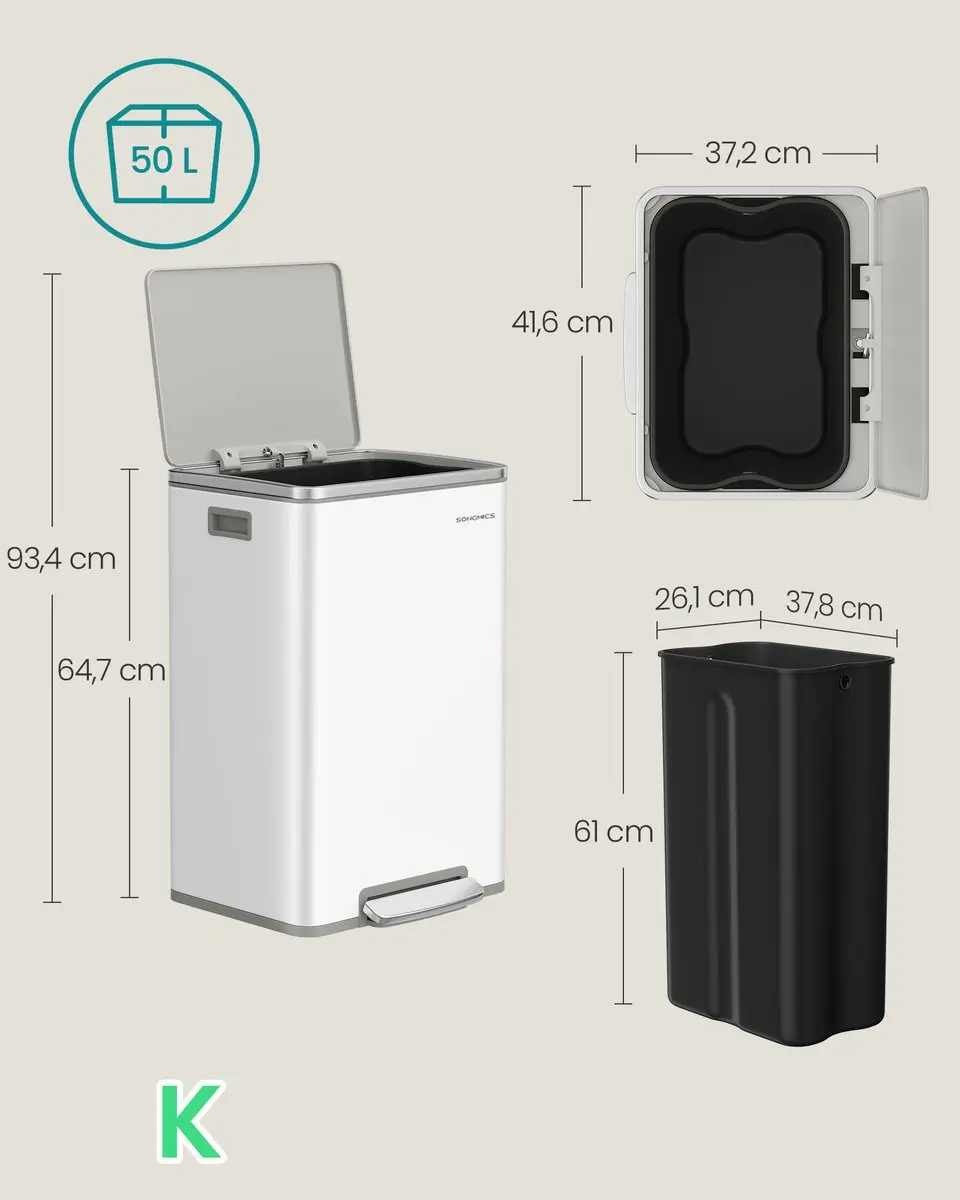 Songmics Pedaalemmer LTB595WC01V1 - 50L - Wolkenwit