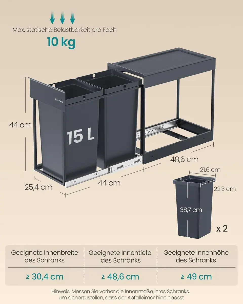 Songmics Keukenafvalscheidingssysteem 2x15L - Inbouw - Grijs