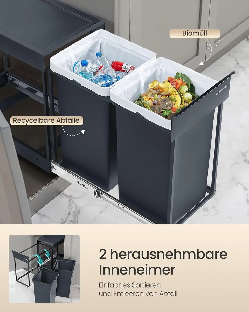 Songmics Keukenafvalscheidingssysteem 2x15L - Inbouw - Grijs