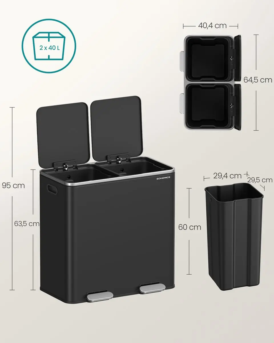 Songmics Pedaalprullenbak 80L - 2x40L - Zwart