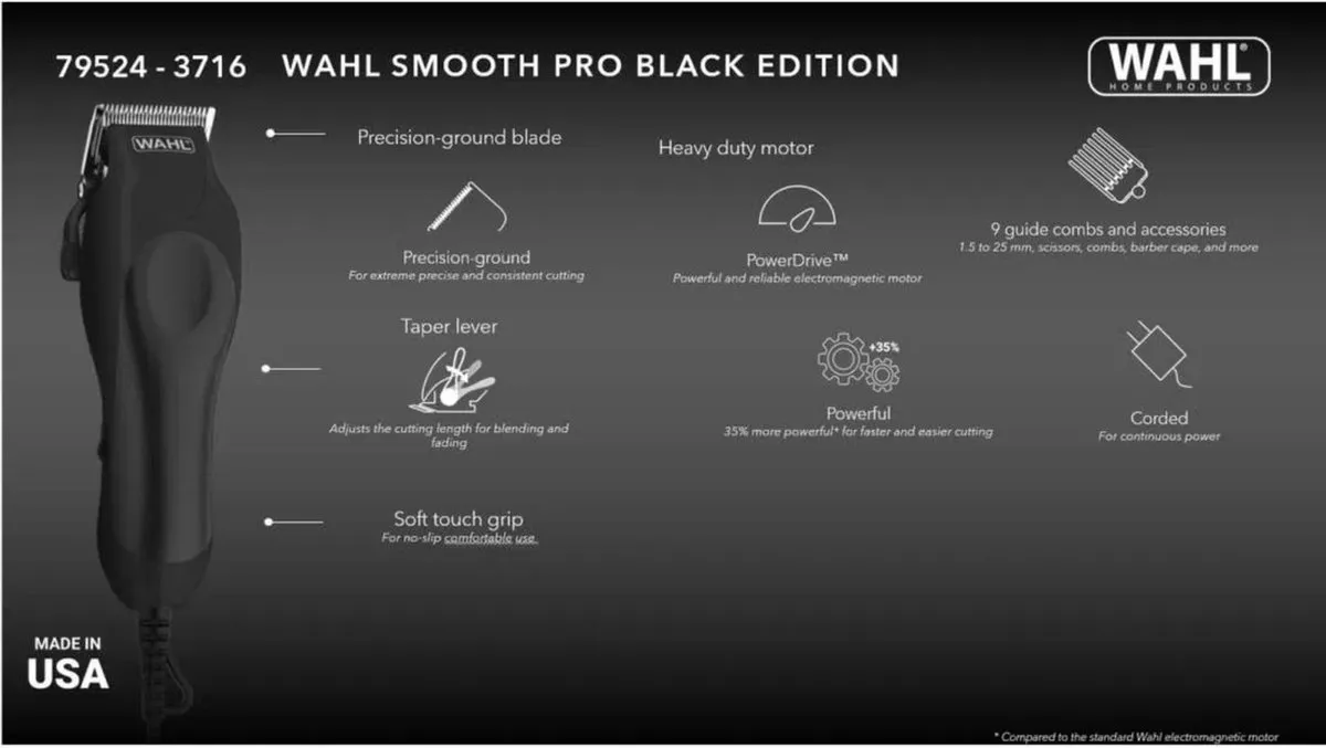 Wahl Smooth Pro 79524-3716 Tondeuse - 1-25mm - 9 Opzetkammen - Zwart