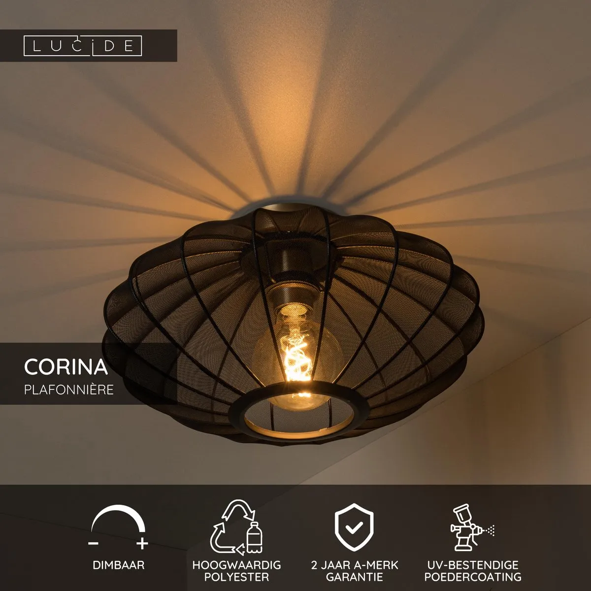 Lucide Corina Plafondlamp Ø40cm - Zwart