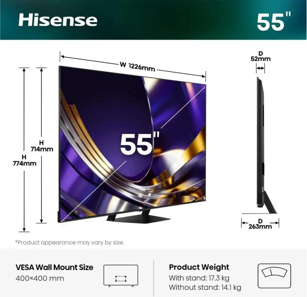 Hisense 55U7S PRO 55 inch Ultra HD 4K TV - Grijs/Zwart