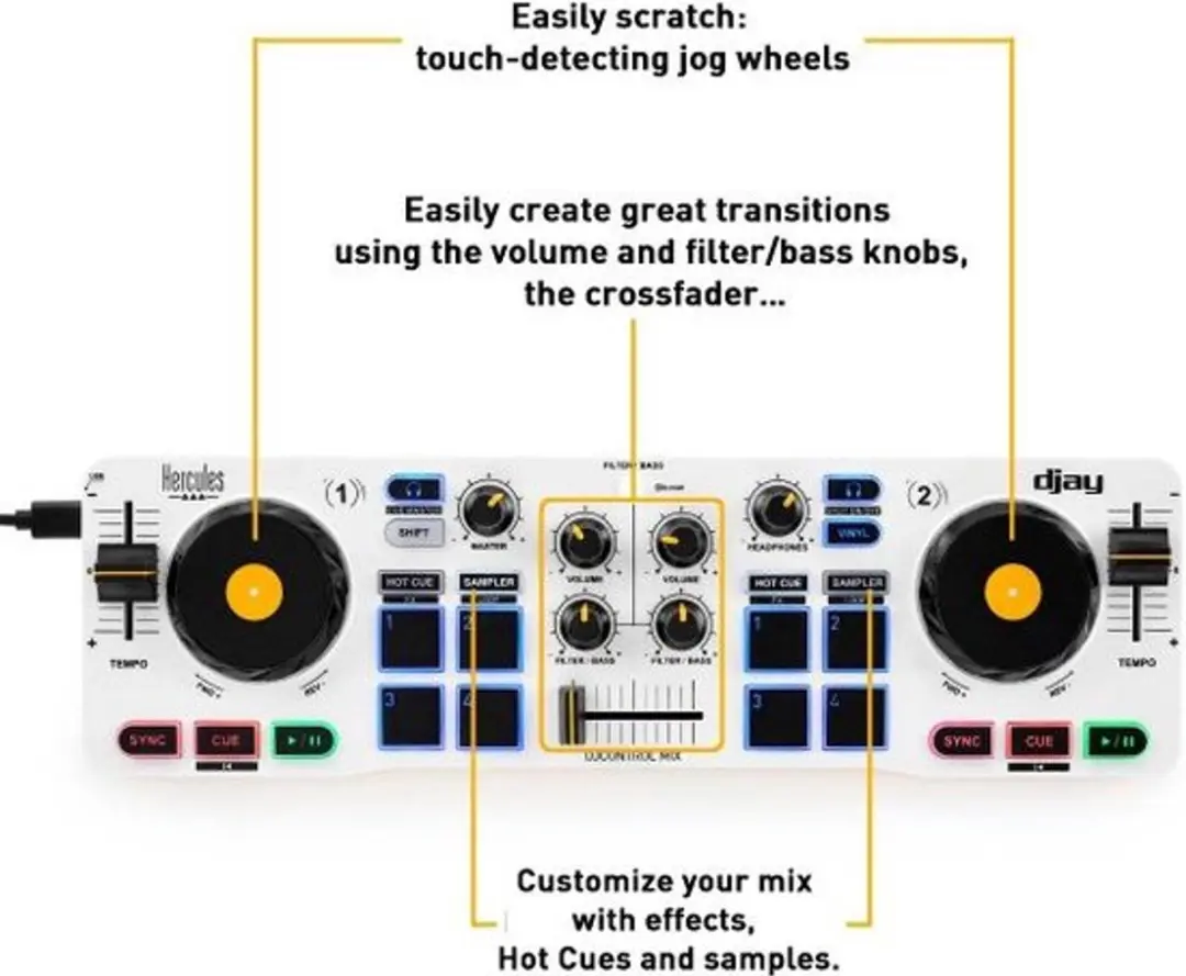 Hercules DJ Control Mix 4780921 Smartphone Controller - 2 Kanalen - 8 Drumpads - Wit