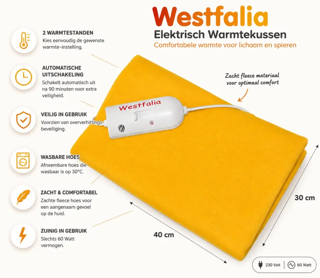 Westfalia Elektrisch Warmtekussen 60W - 30x40cm - Geel