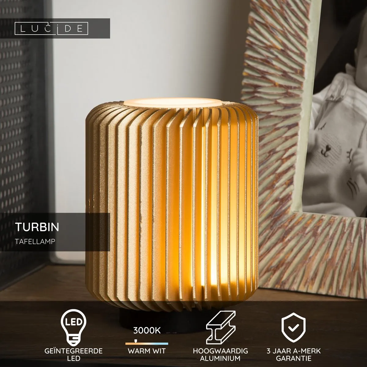 Lucide Turbin Tafellamp Ø10,6cm - Mat Goud/Messing