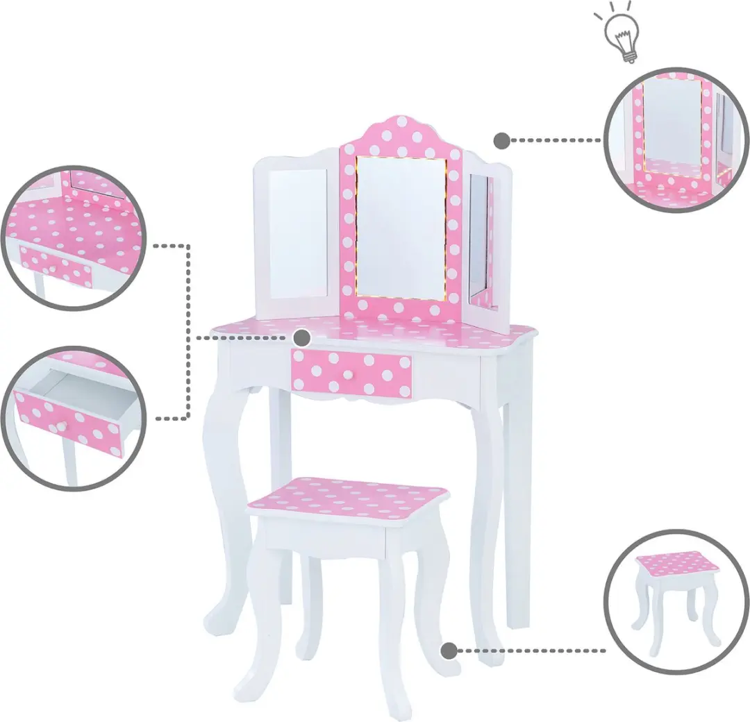 Teamson Kids Houten Kaptafel - Polka Dot - Roze/Wit