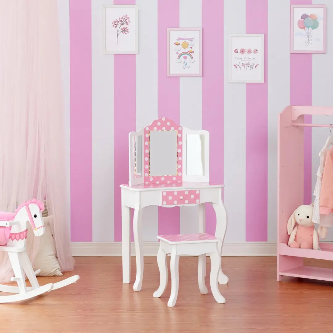 Teamson Kids Houten Kaptafel - Polka Dot - Roze/Wit