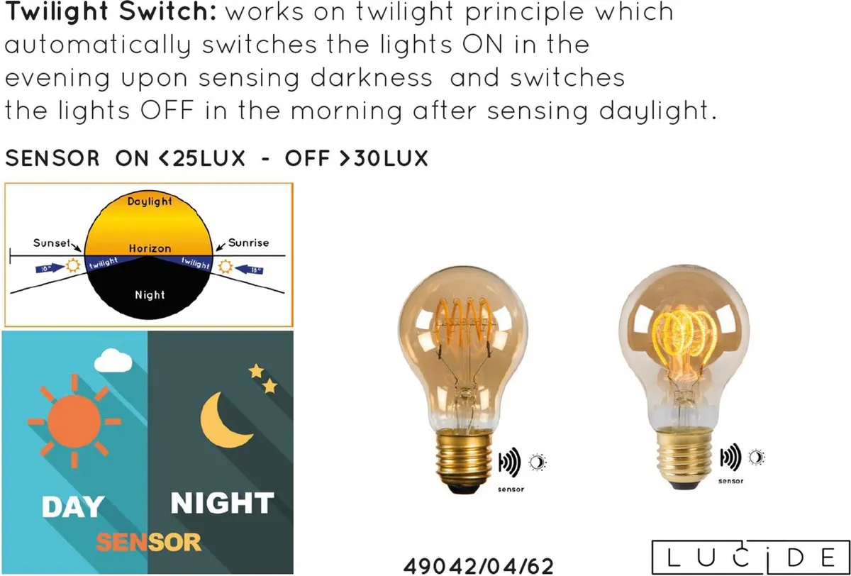 Lucide A60 Twilight Sensor LED Lamp E27 4W 2200K - Amber