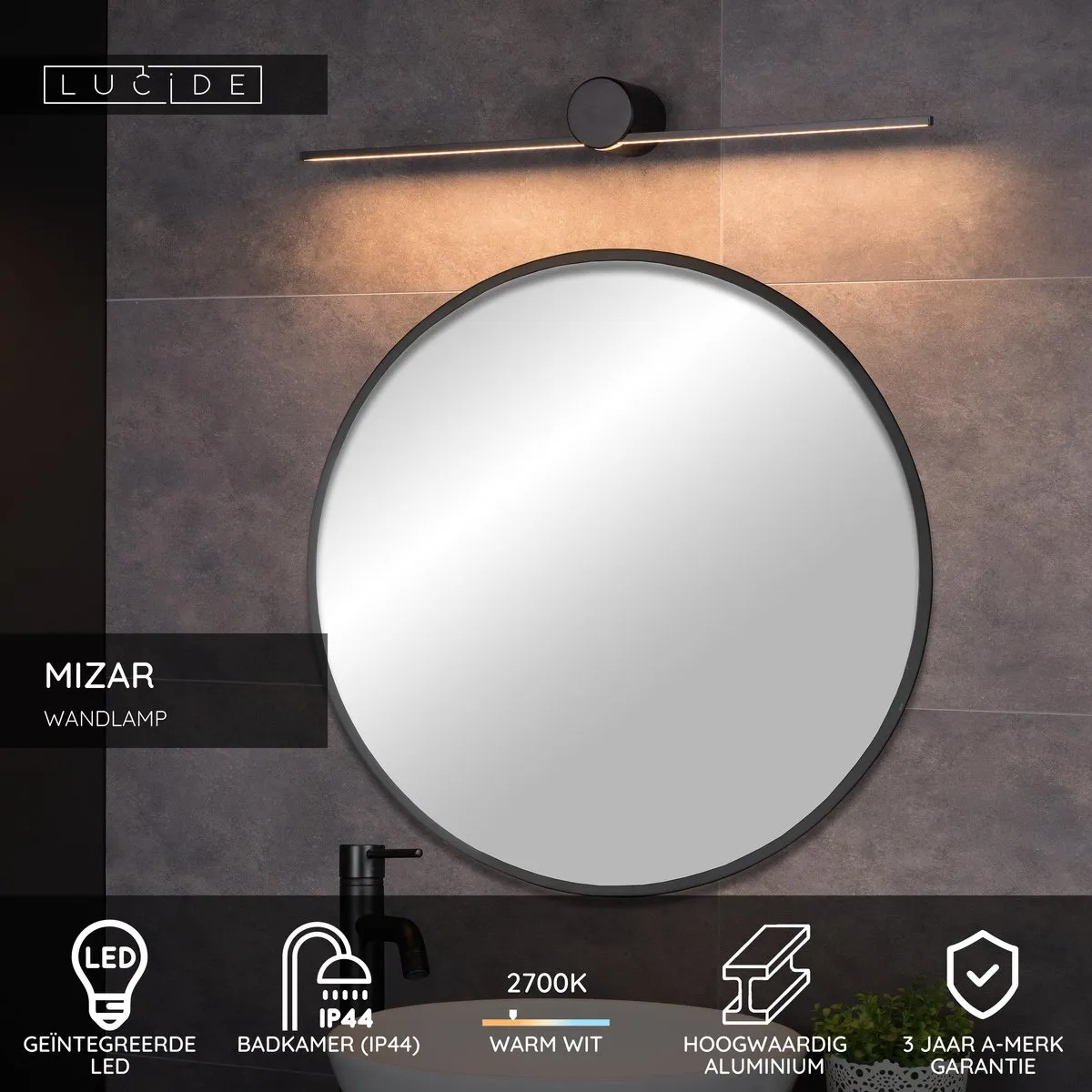 Lucide MIZAR Wandlamp Badkamer LED 6W IP44 - Zwart
