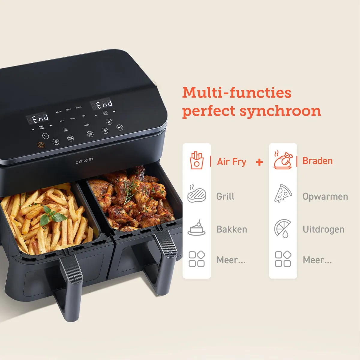 Cosori XXL Dual Basket airfryer - 8.5L inhoud - 2 Gelijke Manden - 6 Programma's - Met Venster - Zwart