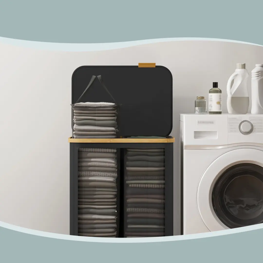 Songmics Wasmand met Deksel 150L - 2 Compartimenten