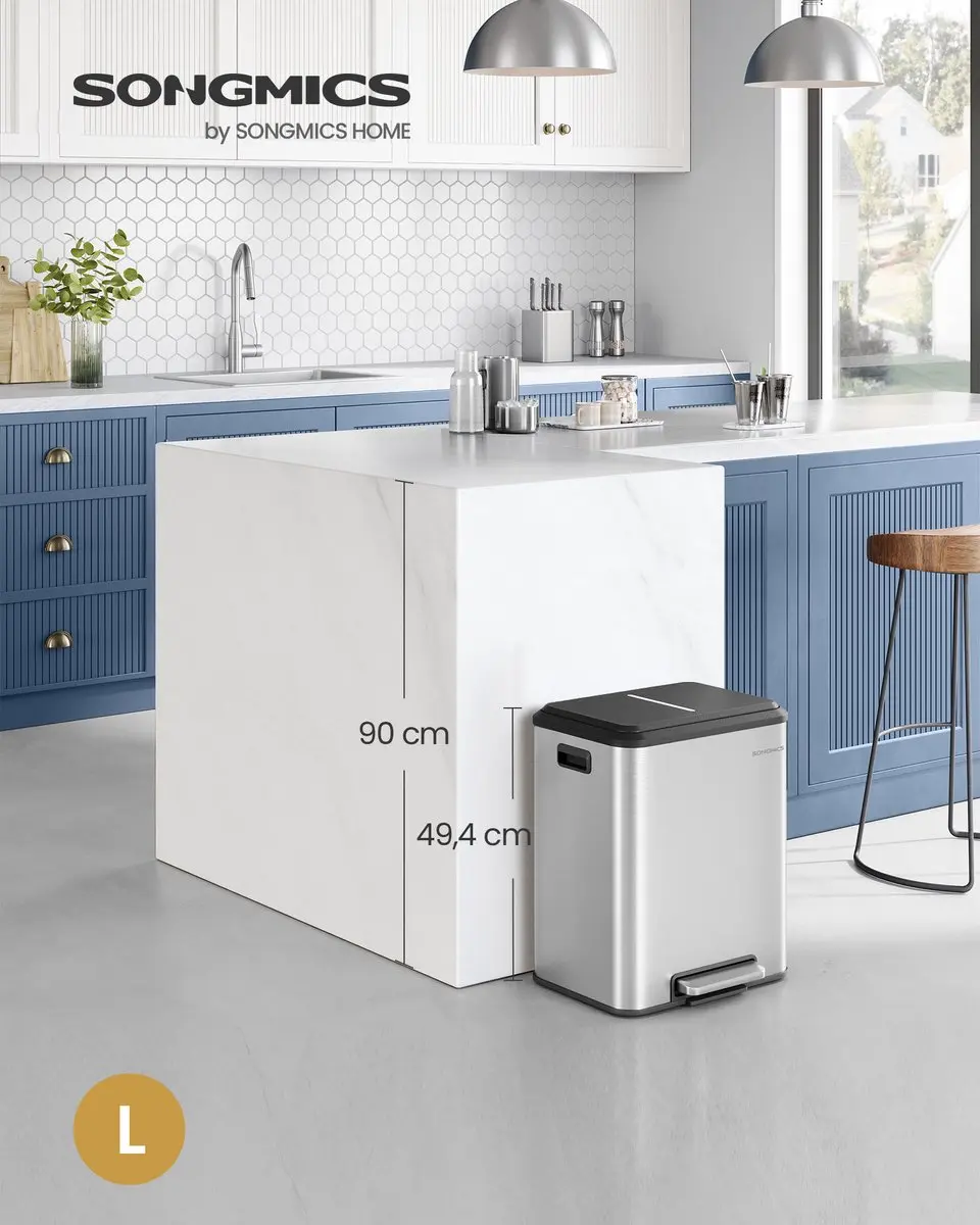 Songmics LTB544E01 Pedaalprullenbak 30L - 2 Vakken - Zilver