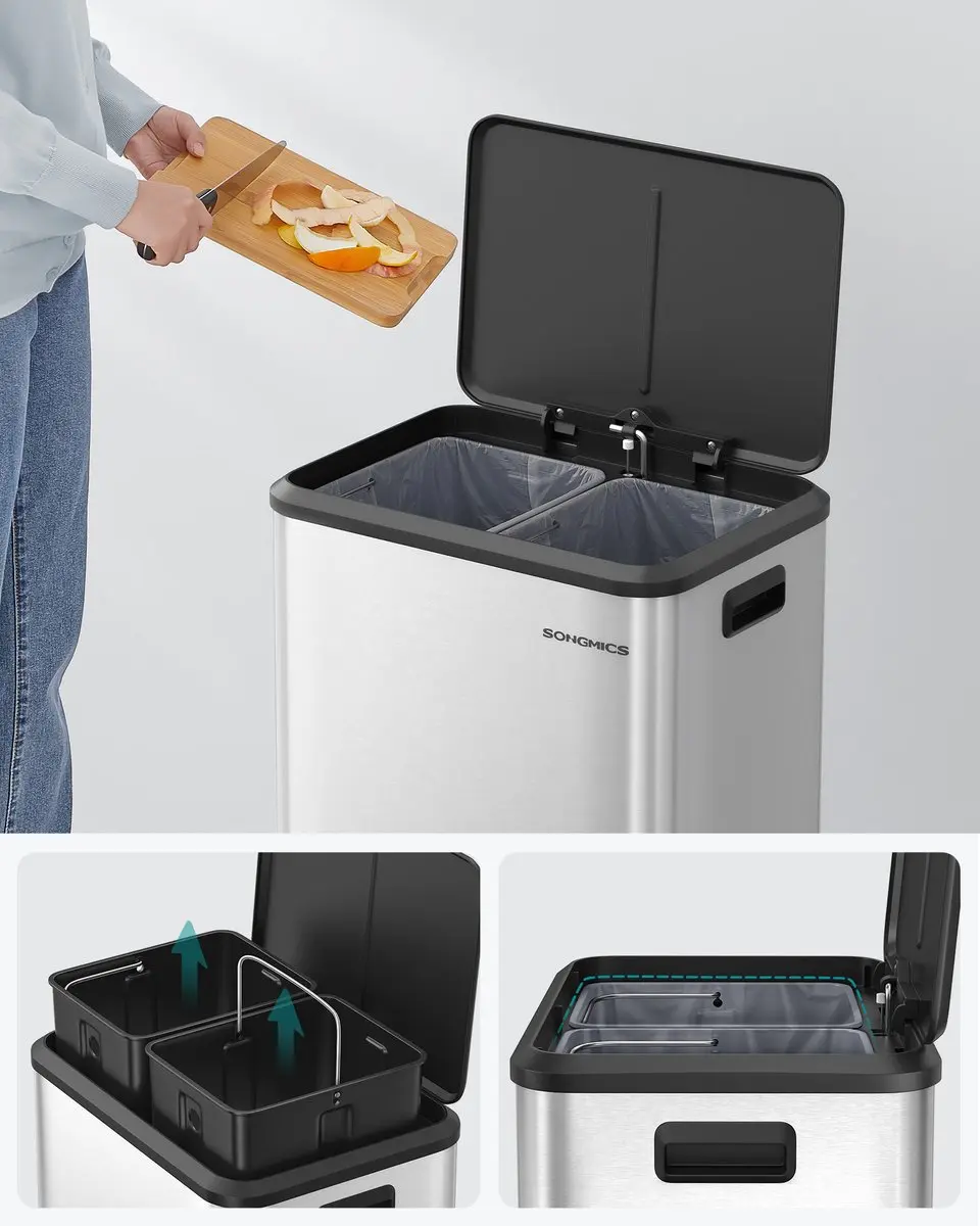 Songmics LTB544E01 Pedaalprullenbak 30L - 2 Vakken - Zilver