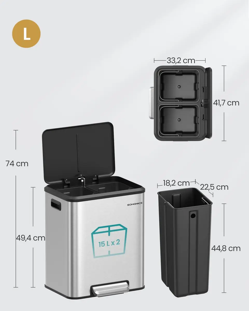 Songmics LTB544E01 Pedaalprullenbak 30L - 2 Vakken - Zilver
