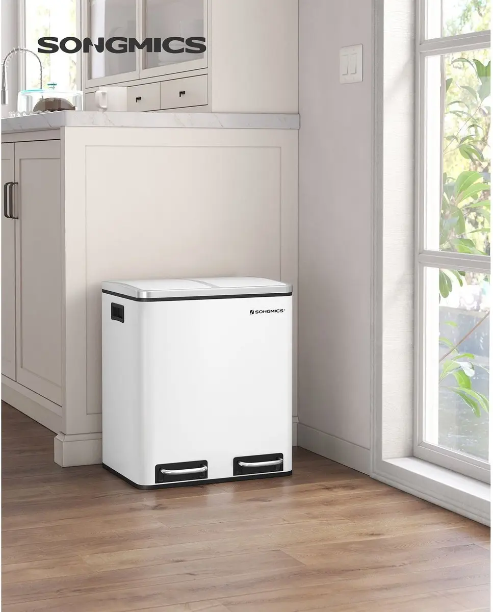 Songmics Keukenafvalbak 30L - Pedaalemmer - 2x15L - Soft Close - Wit