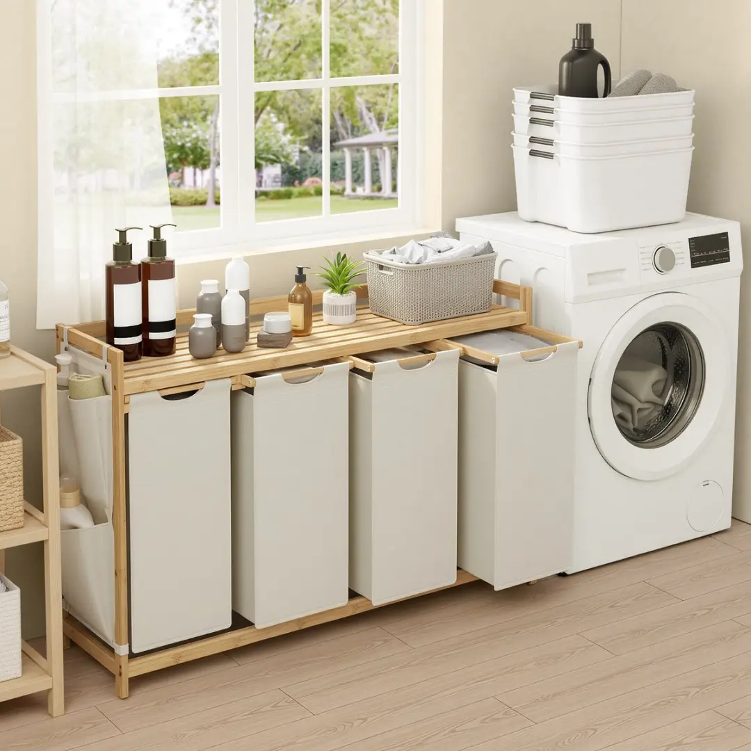 Songmics Wasmand Bamboe 200L - 4 Vakken met Plank