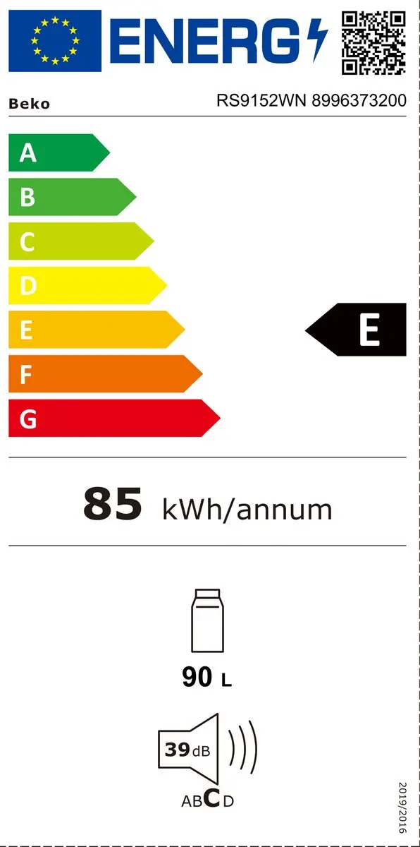Beko RS9152WN Vrijstaande Koelkast 90L - 39 dB - Energieklasse E - Wit