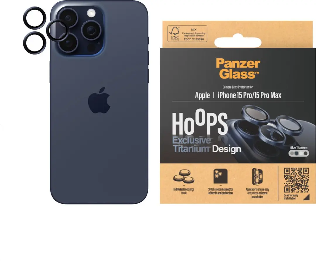 PanzerGlass Optical Hoop Rings iPhone 15 Pro/Pro Max - Camera Lens Glas - Titanium Blauw