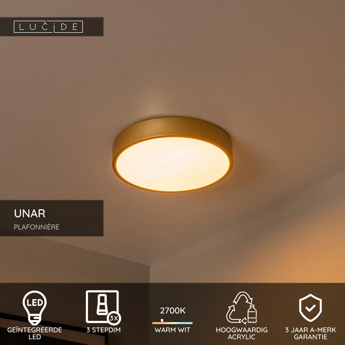 Lucide UNAR Plafonnière Ø30cm - Mat Goud/Messing - LED 18W 2700K