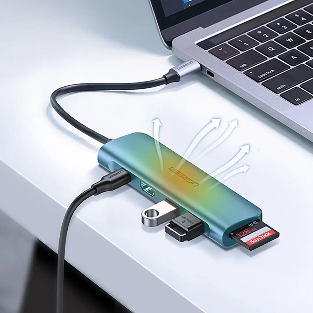Ugreen CM195 6-in-1 USB-C Hub - HDMI, USB-A 3.0, PD & kaartlezer - Grijs