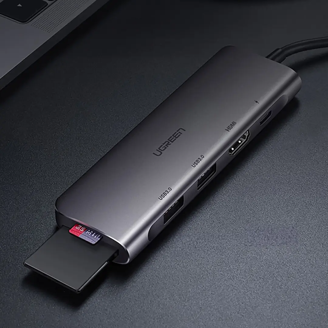 Ugreen CM195 6-in-1 USB-C Hub - HDMI, USB-A 3.0, PD & kaartlezer - Grijs