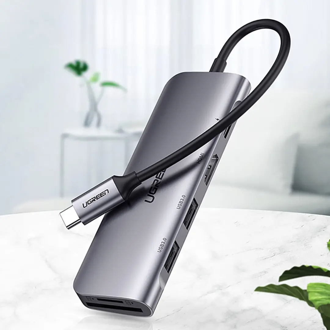 Ugreen CM195 6-in-1 USB-C Hub - HDMI, USB-A 3.0, PD & kaartlezer - Grijs